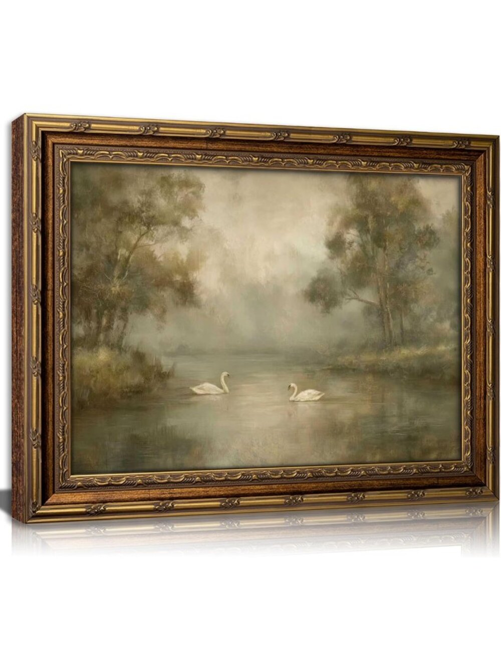 Vintage Gold Framed Swan Lake Canvas Art | Romantic Rustic Landscape Print for